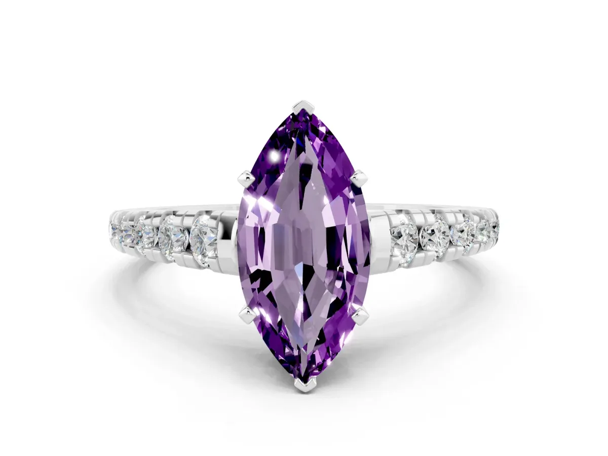 Marquise Cut Amethyst Cathedral Solitaire Ring with Round Pavé Band Silver