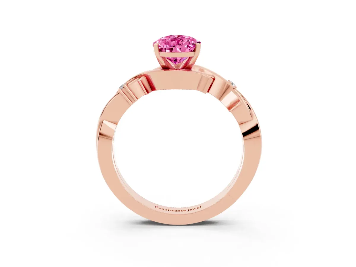 Pear Cut Pink Sapphire Solitaire Ring with Twisted Band and Prong Setting Rose gold
