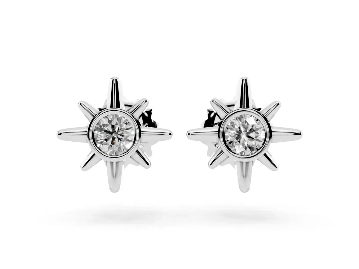 Round Diamond Sol Starburst Stud Earrings White gold