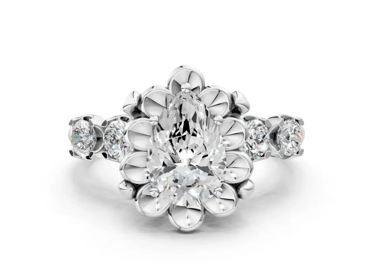 Pear Cut Cut Diamond Floral Halo Engagement Ring with Shared Prong Setting Silver