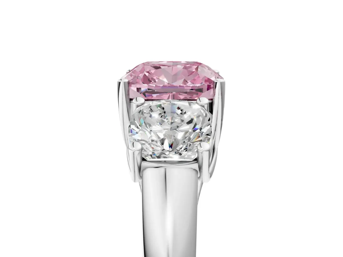 Fancy Pink Three-Stone Cushion Cut Diamond Engagement Ring with Prong Setting White gold