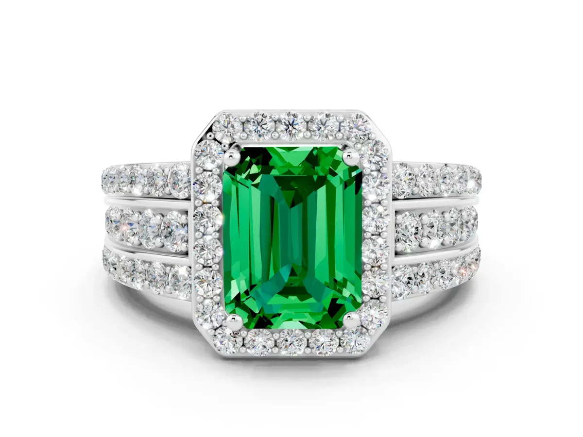 Emerald Cut Halo Emerald Ring with Round Split Shank and Prong Setting White gold