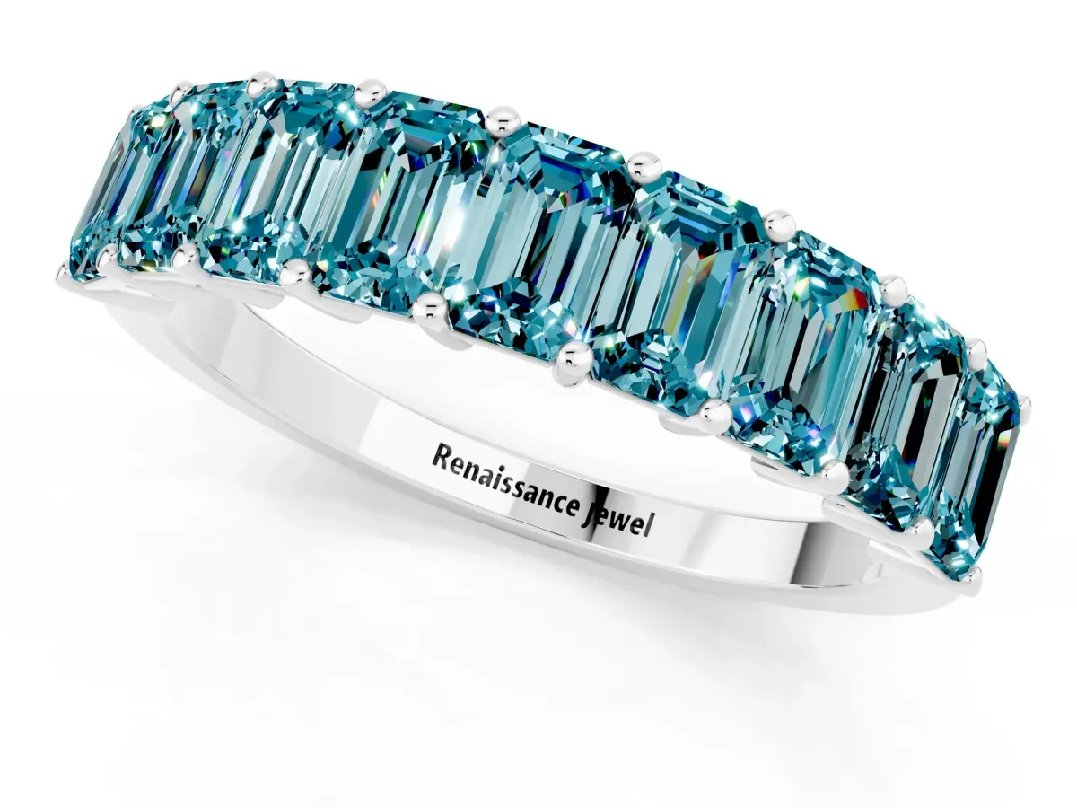 Emerald Cut Blue Topaz Prong-Set Eternity Band Silver
