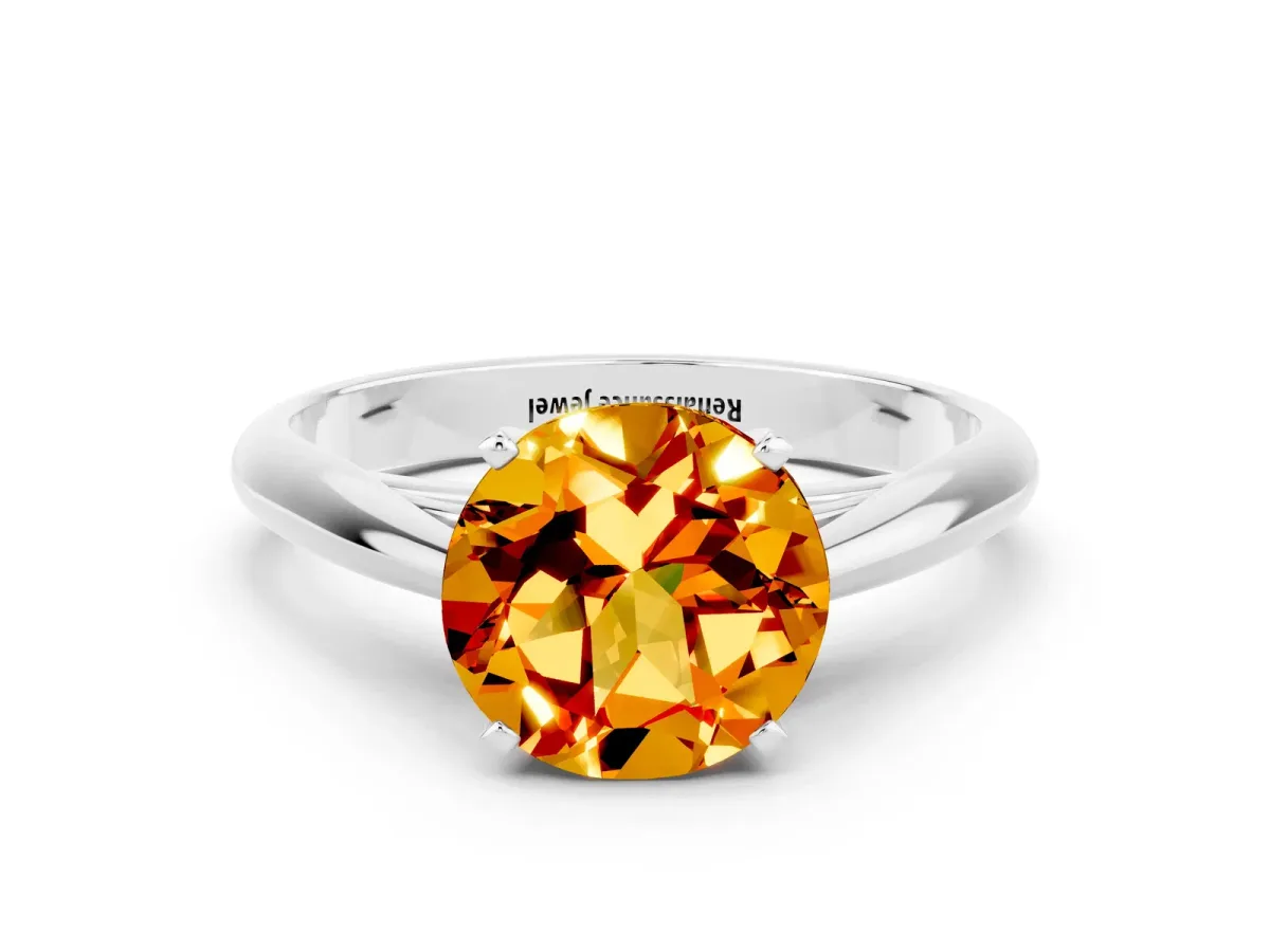 Round Cut Citrine Solitaire Engagement Ring with Cathedral Setting and Four-Prong Mount White gold
