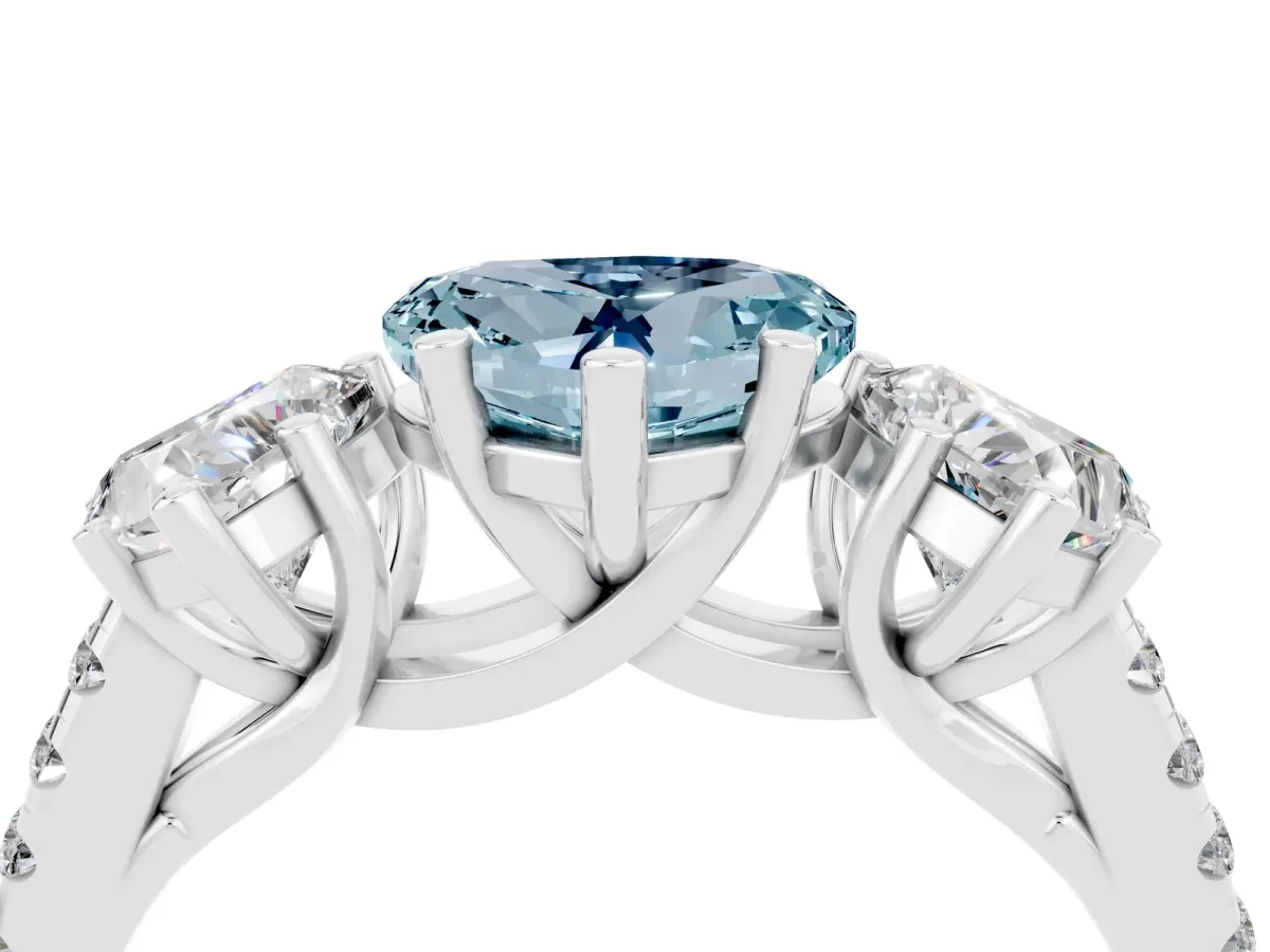 Three-Stone Heart Cut Aquamarine Ring with Round Pavé Band and Prong Setting Silver