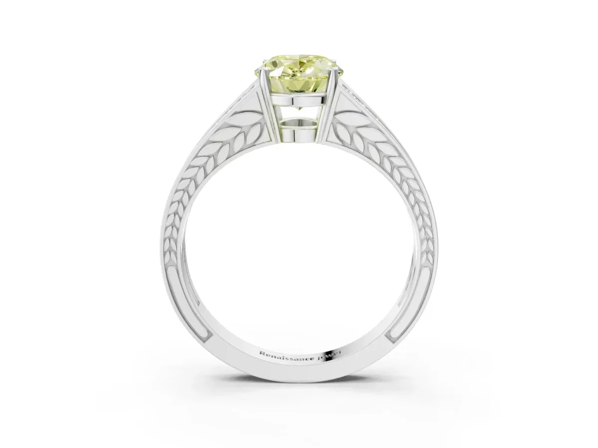 Fancy Yellow Oval Cut Diamond Split Shank Ring with Pavé Band and Four-Prong Setting White gold