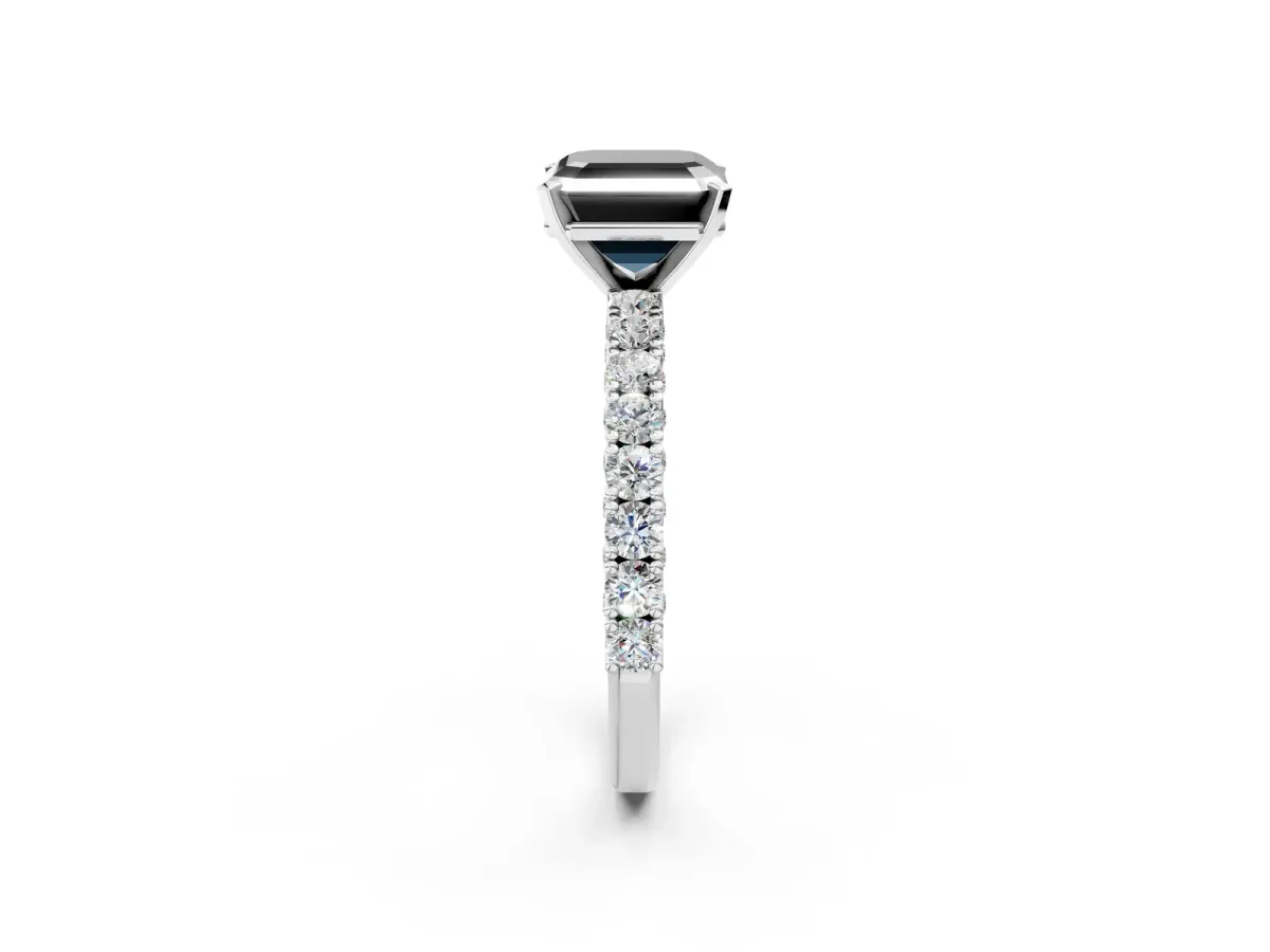 Fancy Black Asscher Cut Diamond Solitaire Ring with Round Accent Pavé Band and Prong Setting Platinum