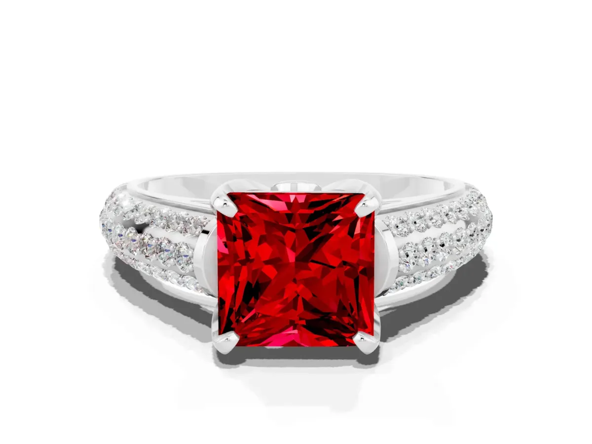 Princess Cut Ruby Solitaire Ring with Three-Row Pavé Band and Four-Prong Setting Platinum