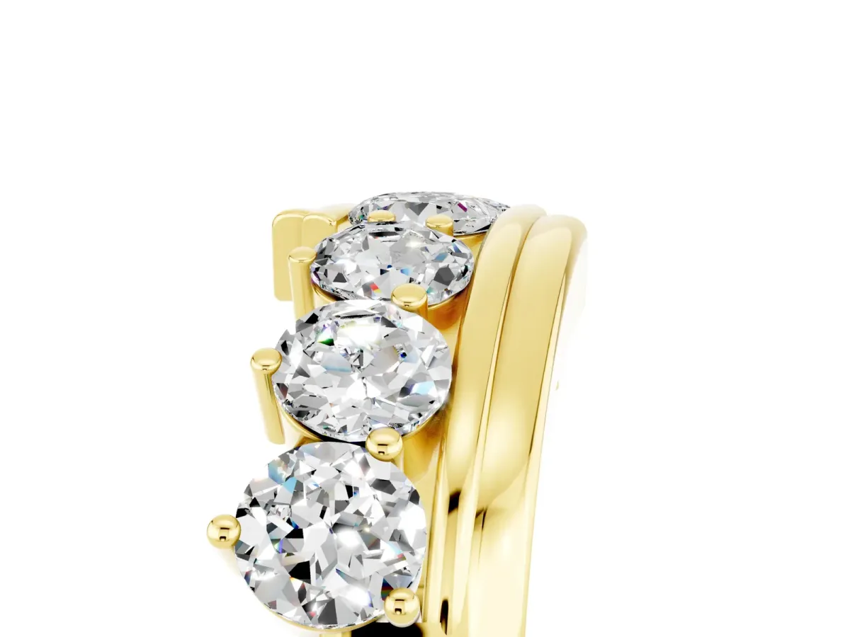 Round Moissanite Wave Band with Channel and Shared Prong Setting Yellow gold