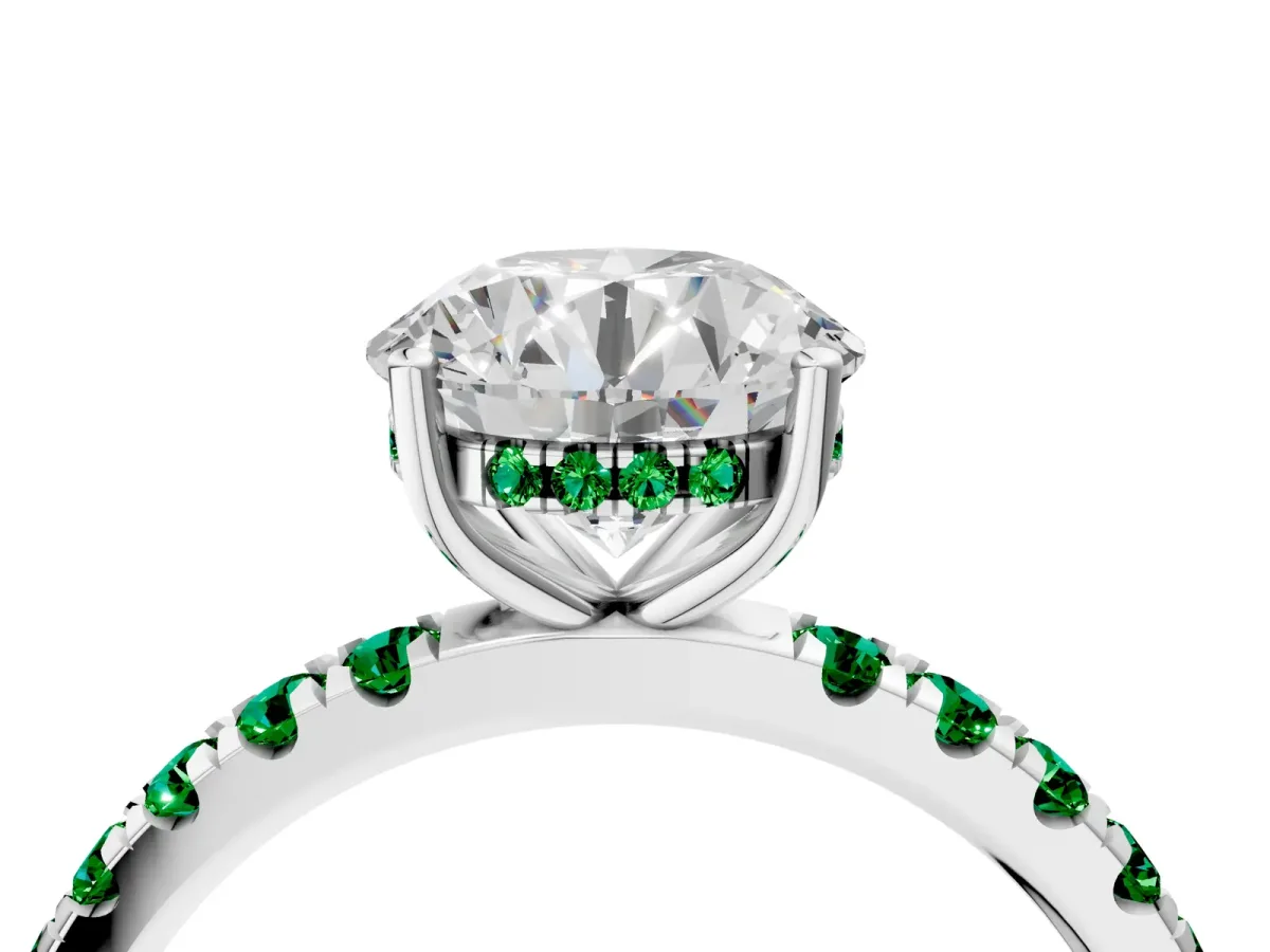 Round Cut Diamond Pave Band Solitaire Ring with Round Emerald and Prong Setting White gold