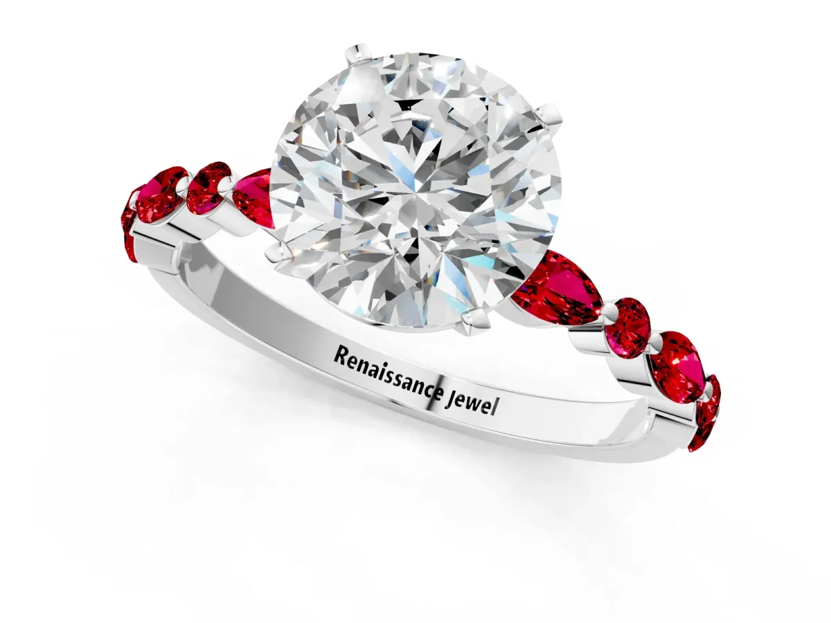 Round Cut Diamond Ring with Marquise and Round Ruby Side Stones and Four-Prong Setting Silver