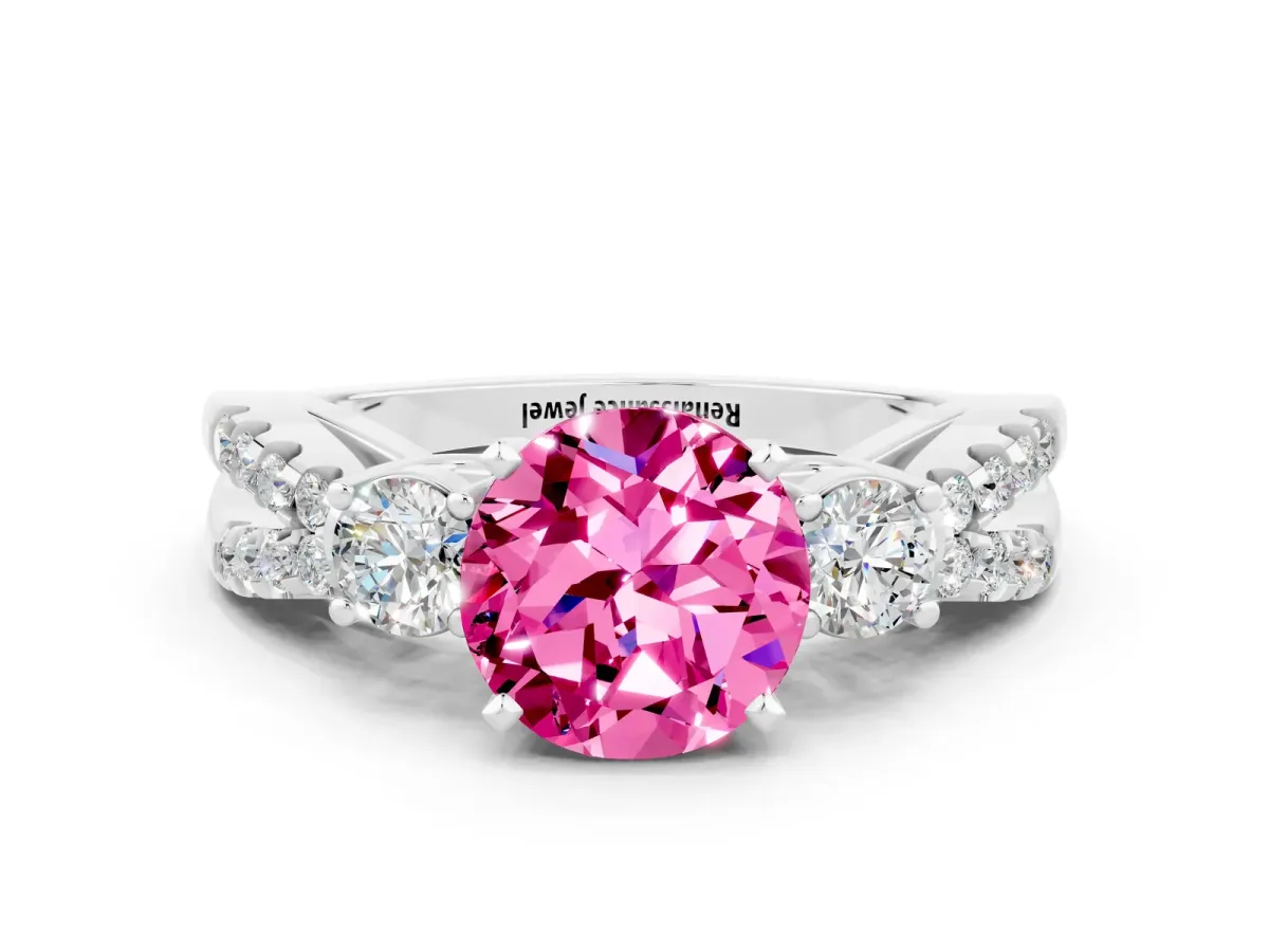 Round Cut Pink Sapphire Three-Stone Ring with Pavé Split Shank and Four-Prong Setting Silver