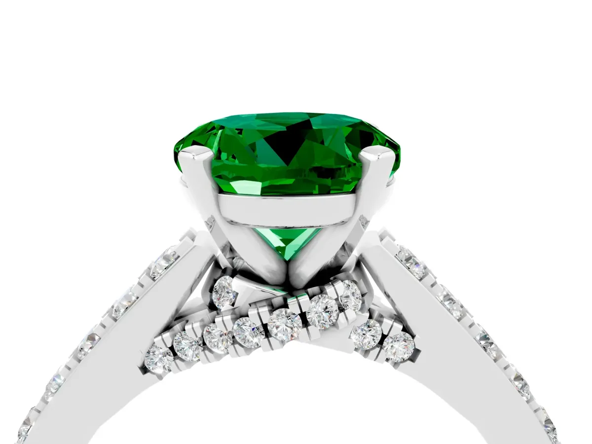 Round Cut Emerald Solitaire Ring with Crossover Gallery and Round Pavé Band Platinum