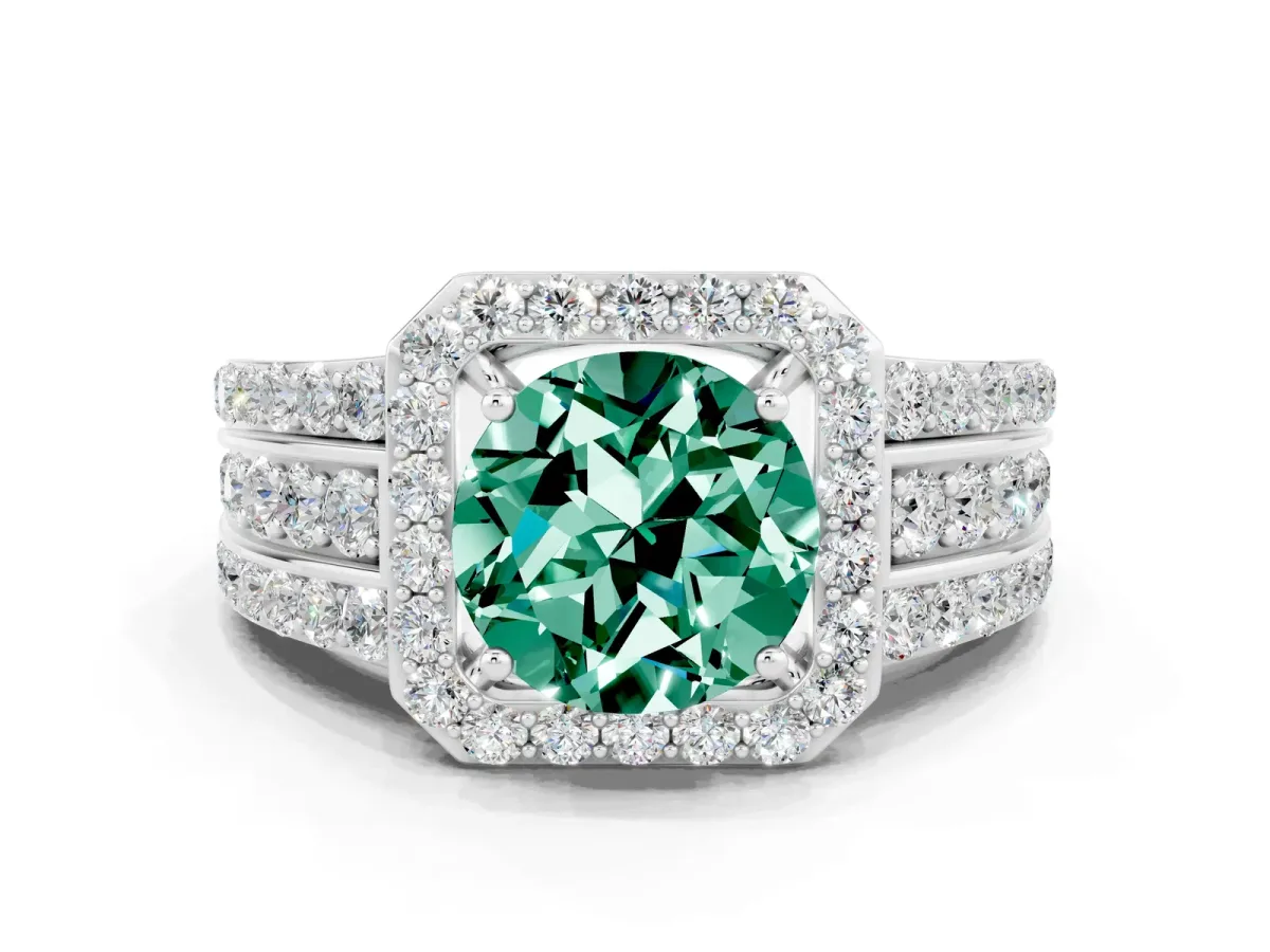 Round Cut Halo Green Sapphire Ring with Round Split Shank and Prong Setting Silver