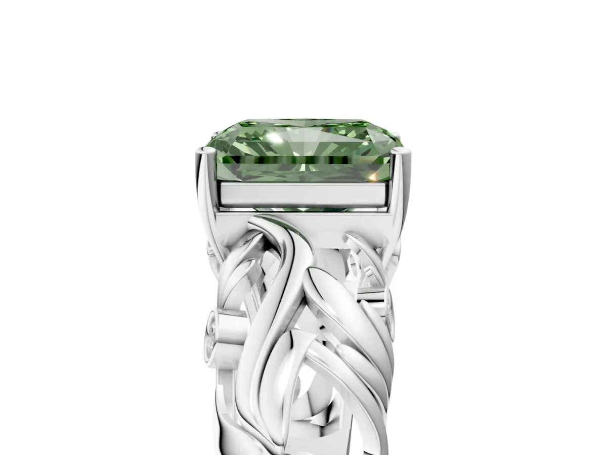 Fancy Green Radiant Cut Solitaire Diamond Leaf-Inspired Vine Band Ring with Prong Setting Platinum
