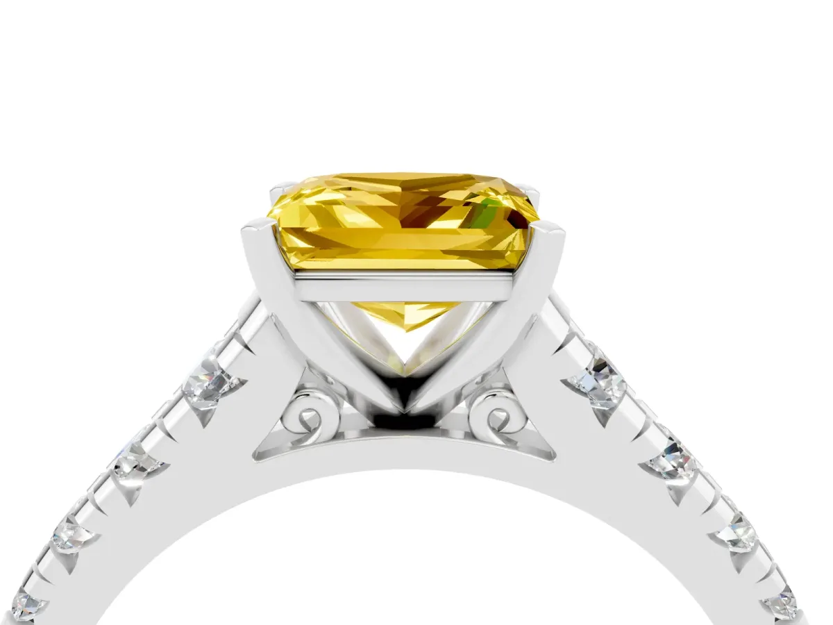 Princess Cut Yellow Sapphire Cathedral Solitaire Ring with Round Pavé Band Silver