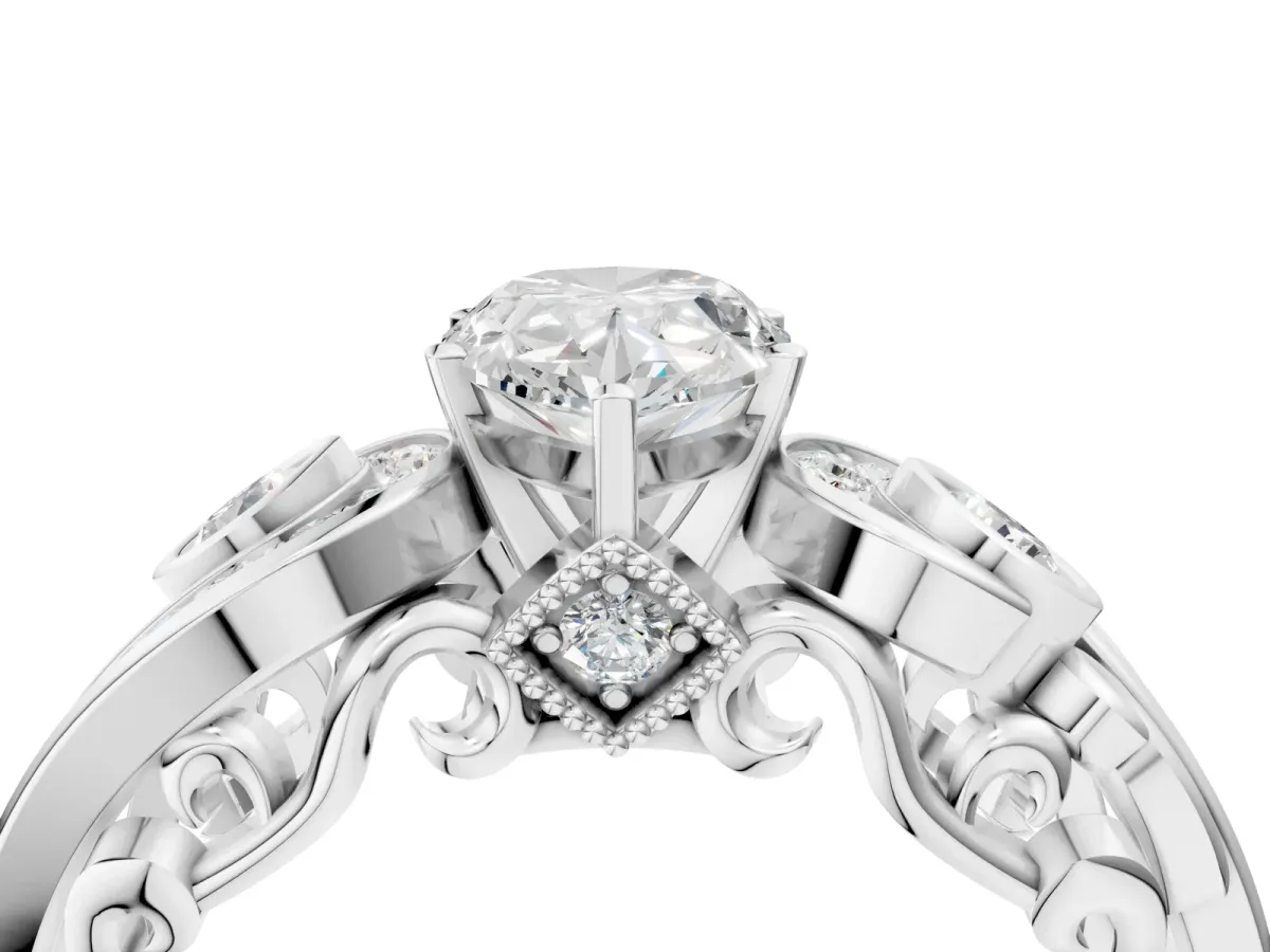 Pear Cut Diamond Solitaire Ring with Milgrain Pavé Band and Four-Prong Setting Silver