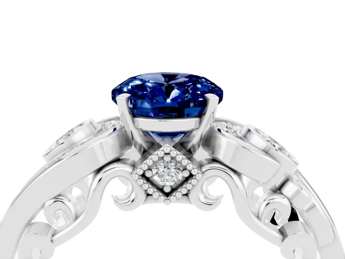Oval Cut Blue Sapphire Solitaire Ring with Milgrain Pavé Band and Four-Prong Setting Silver