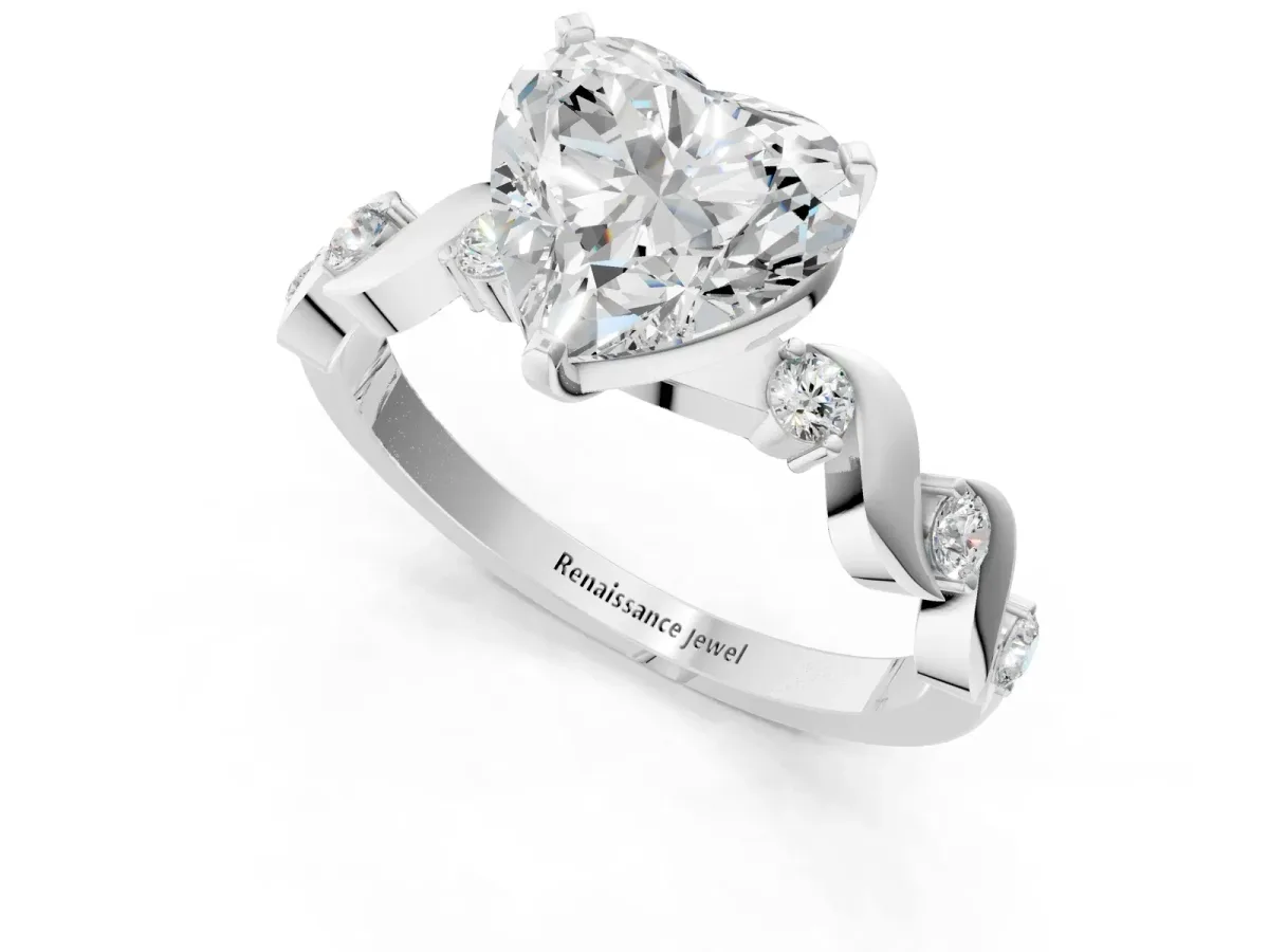 Heart Cut Diamond Solitaire Twisted Band with Round Accents and Prong Setting Silver