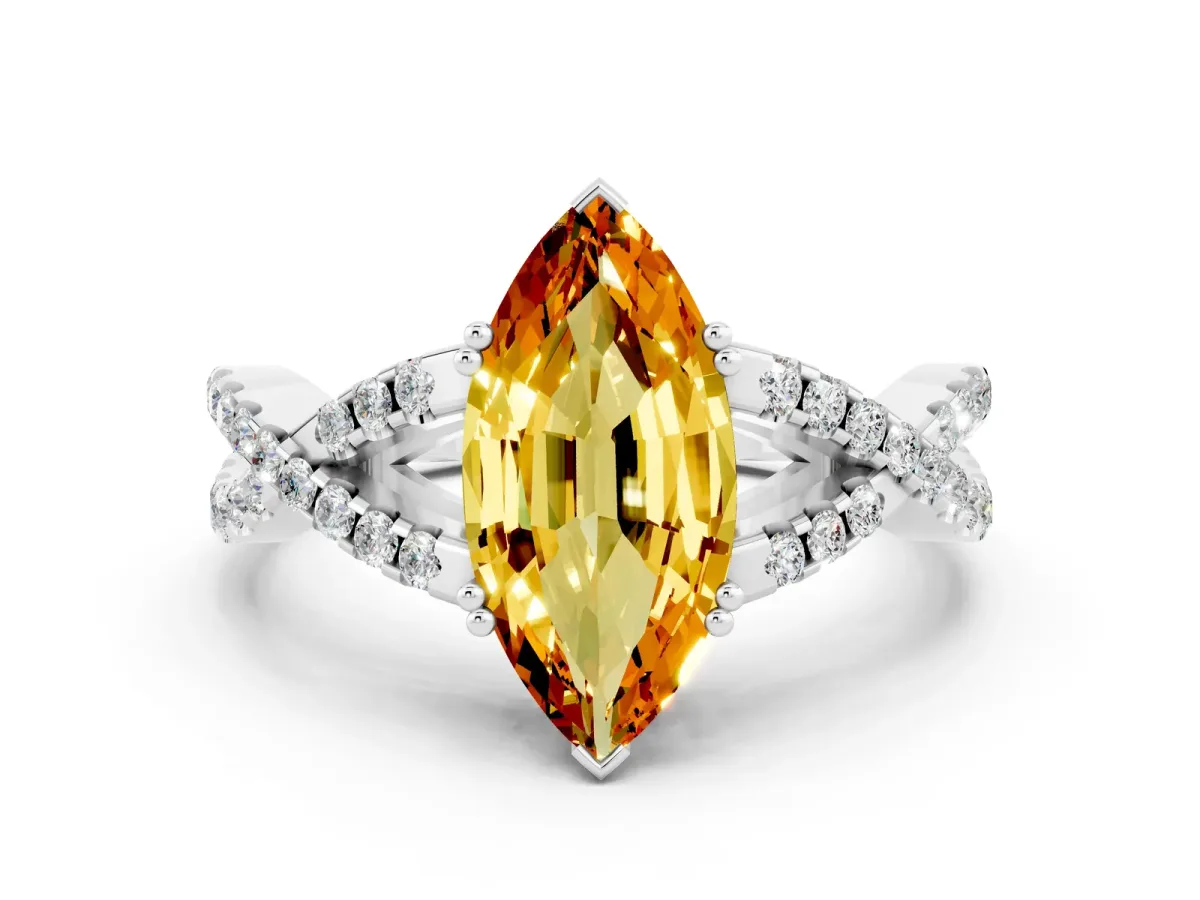 Marquise Cut Citrine Solitaire Ring with Four-Prong Setting and Twisted Pavé Band Silver