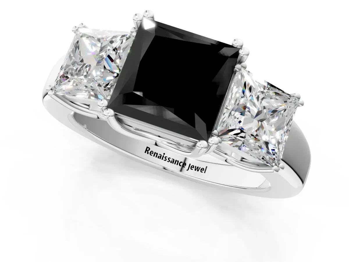 Fancy Black Three-Stone Princess Cut Cut Diamond Ring with Channel Set Band and Four-Prong Setting Silver