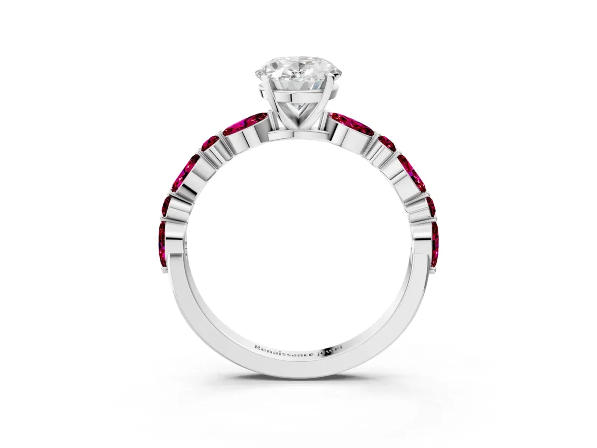 Oval Cut Diamond Ring with Marquise and Round Garnet Side Stones and Four-Prong Setting Silver
