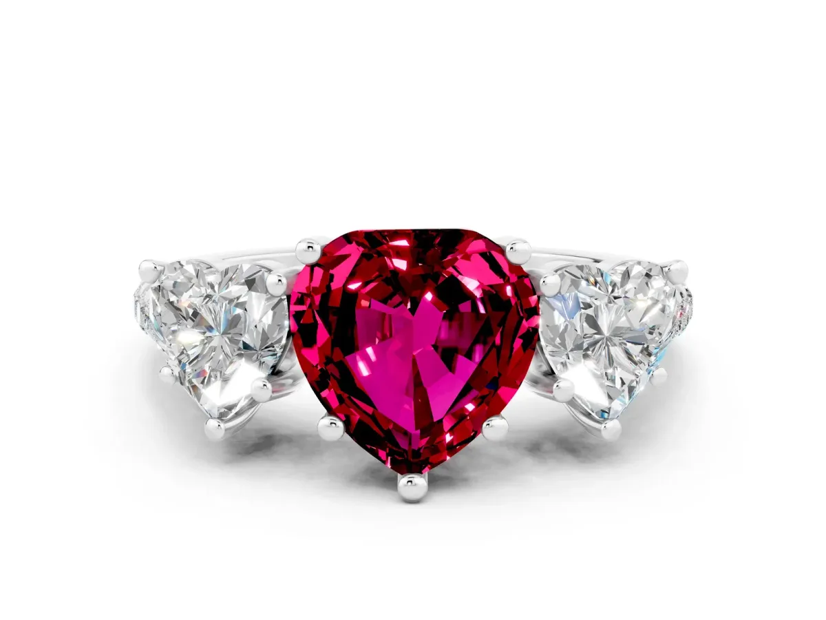 Three-Stone Heart Cut Garnet Ring with Round Pavé Band and Prong Setting Silver