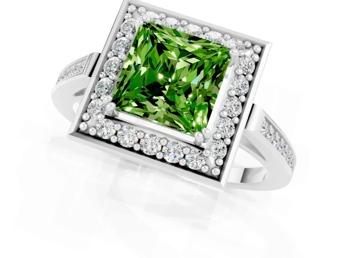 Princess Cut Peridot Halo Ring with Split Shank and Four-Prong Setting Platinum