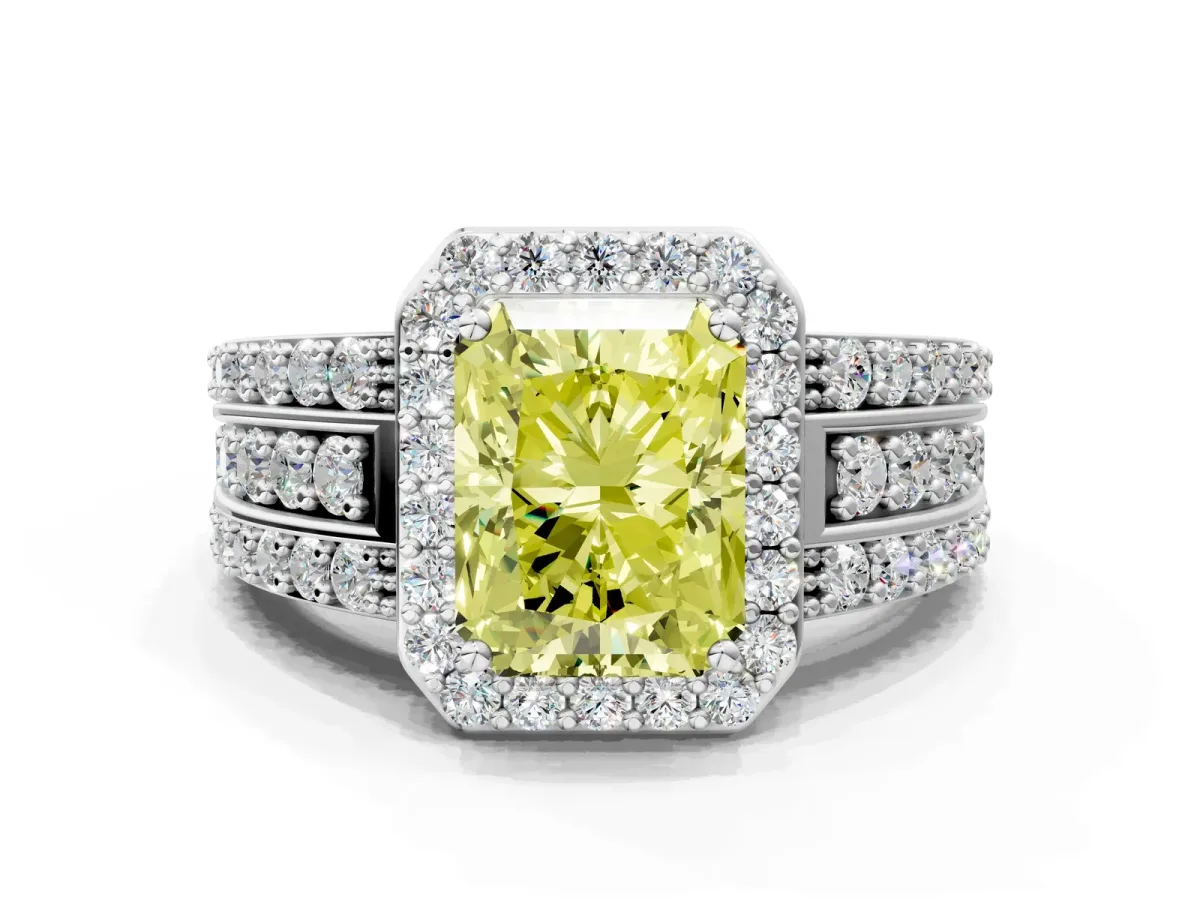 Fancy Yellow Radiant Cut Halo Diamond Ring with Round Split Shank and Prong Setting Silver