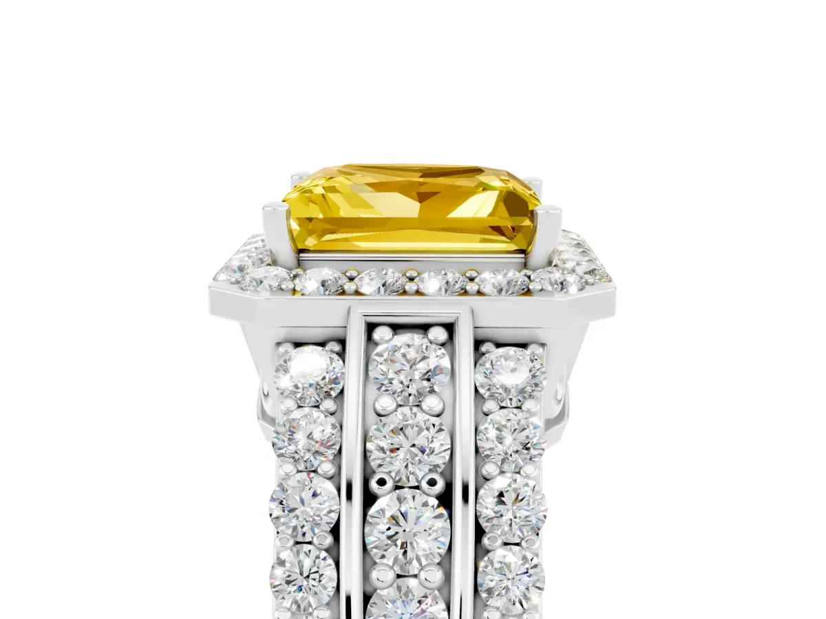 Princess Cut Halo Yellow Sapphire Ring with Round Split Shank and Prong Setting Silver