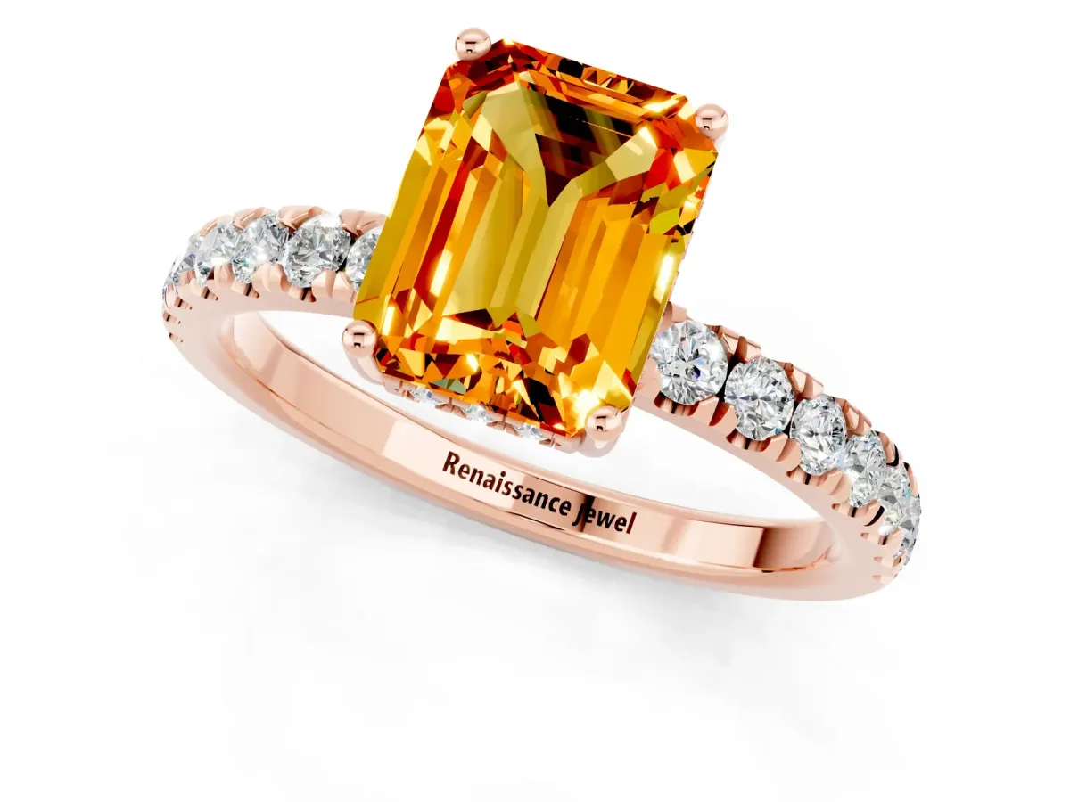 Emerald Cut Citrine Pave Band Solitaire Ring with Round and Prong Setting Rose gold
