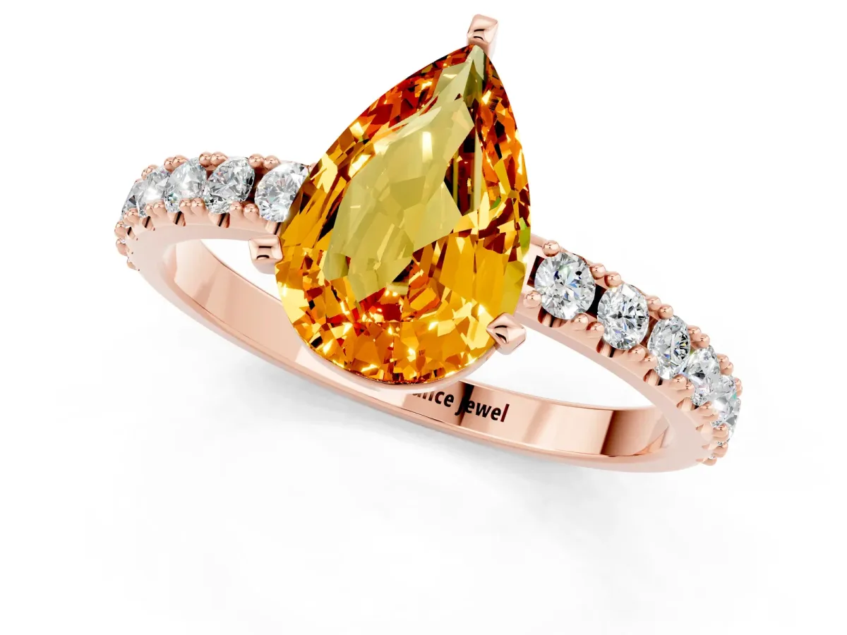 Pear Cut Citrine Solitaire Pavé Band with Four-Prong Setting Rose gold