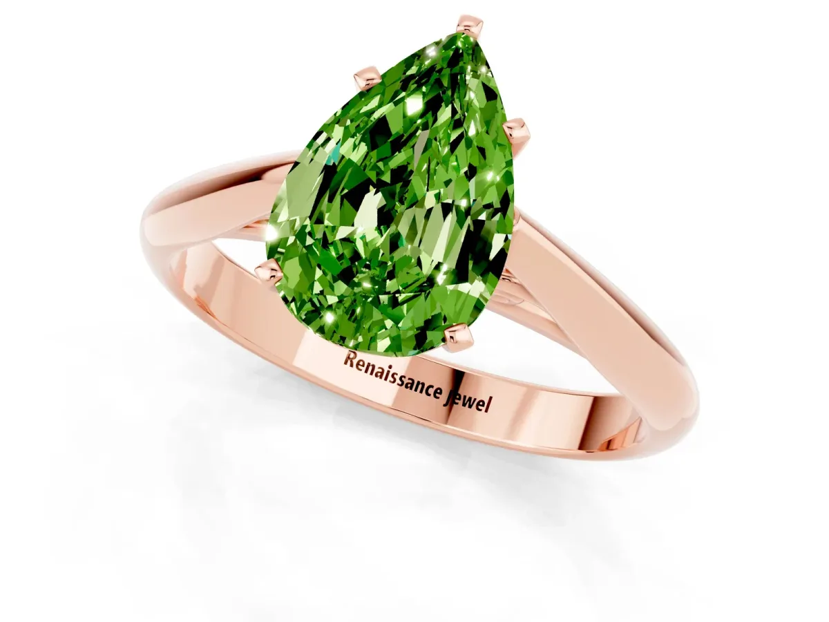 Pear Cut Peridot Solitaire Engagement Ring with Cathedral Setting and Four-Prong Mount Rose gold