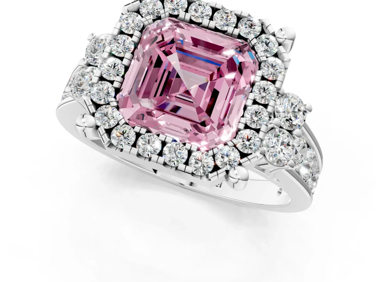 Fancy Pink Asscher Cut Halo Diamond Engagement Ring with Split Shank and Four-Prong Setting Platinum