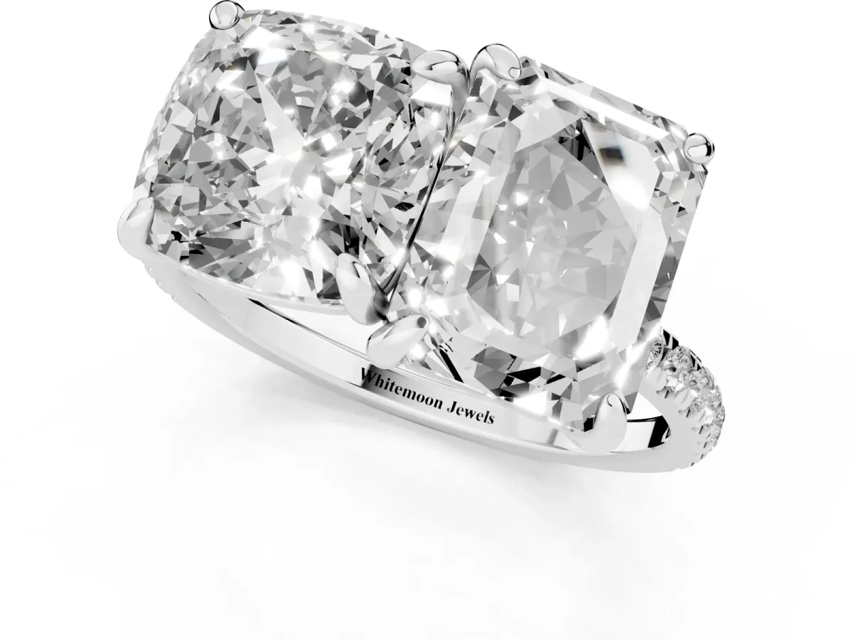 Cushion and Emerald Toi Moi Ring with Prong Setting and Micro Pave Band White gold