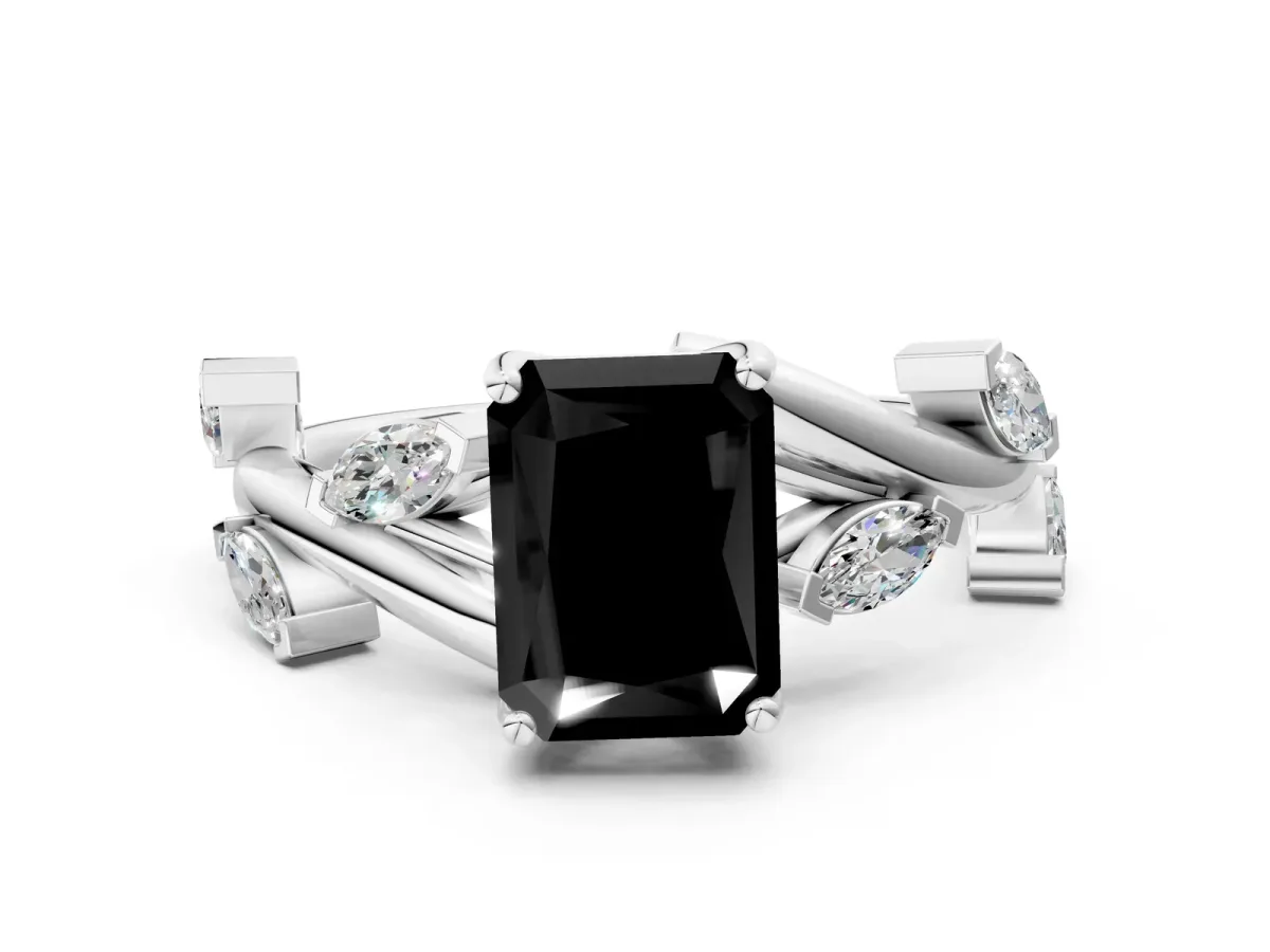 Fancy Black Radiant Cut Solitaire Twisted Band Marquise Accent Prong Setting Ring Platinum