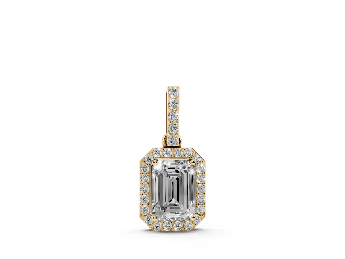 Emerald Cut Halo Diamond Pendant with Prong Setting Yellow gold