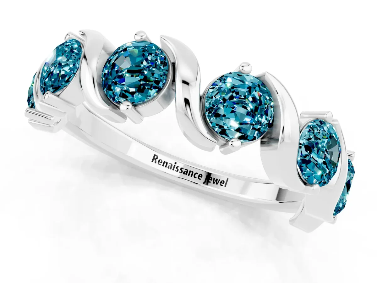 Round Blue Topaz Half Eternity Band with Wave Prong Setting Silver