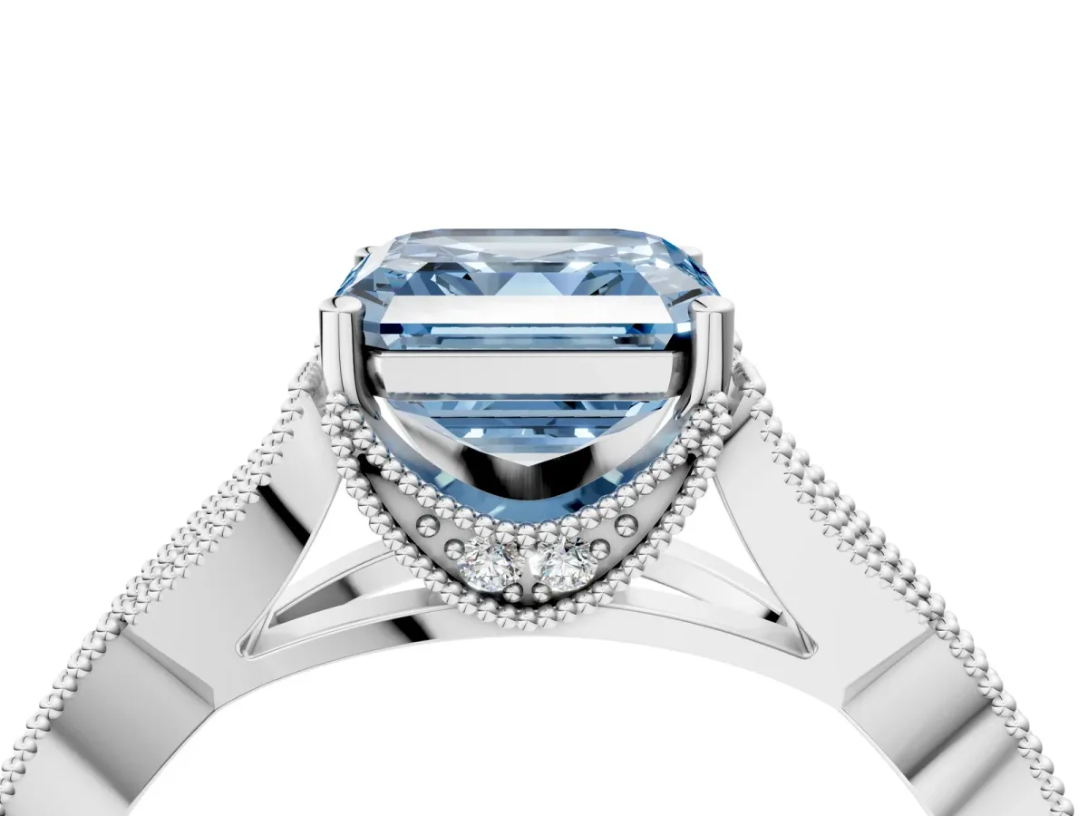 Fancy Blue Asscher Cut Cut Diamond Twisted Band with Milgrain Pave Setting and Four-Prong Setting Platinum