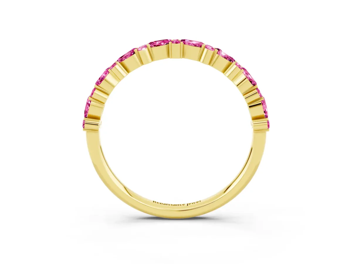 Pear and Round Pink Sapphire Wedding Band Yellow gold