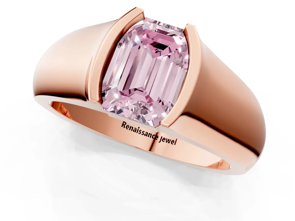 Fancy Pink Emerald Cut Solitaire Bezel Set Diamond Ring with Wide Band Rose gold