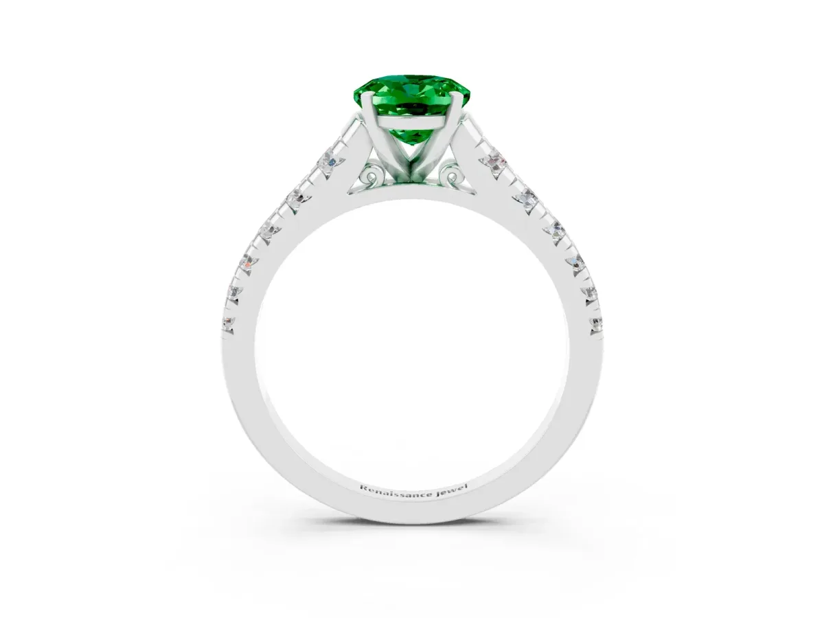 Oval Cut Emerald Cathedral Solitaire Ring with Round Pavé Band White gold