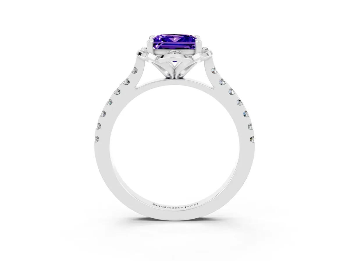 Princess Cut Tanzanite Ring with Pavé Band and Floral Prong Setting Silver