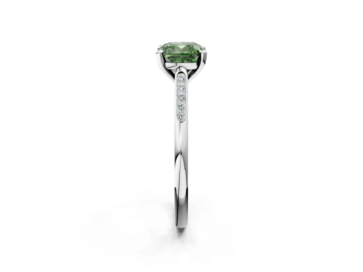 Fancy Green Cushion Cut Diamond Solitaire Ring with Channel Set Round Band and Prong Setting Silver
