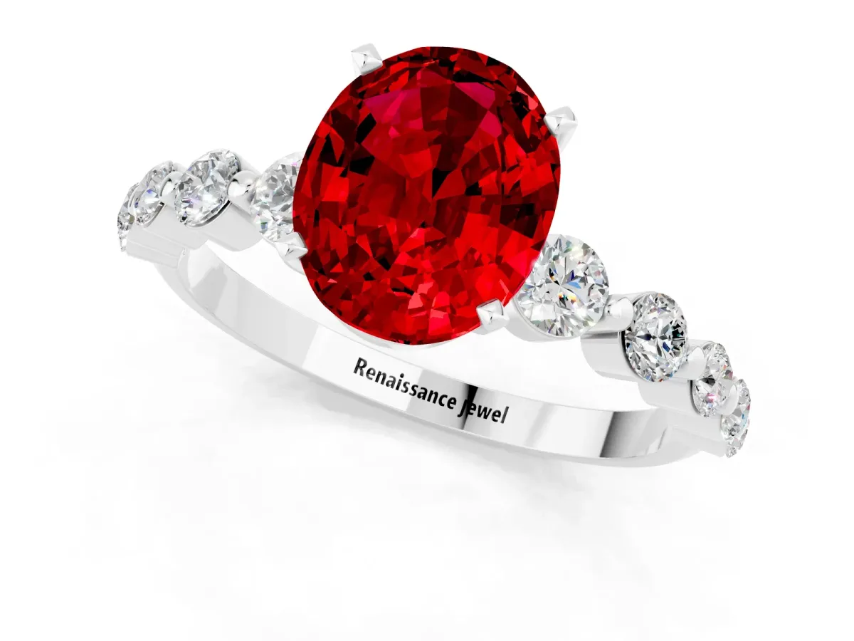 Oval Cut Solitaire Ruby Ring with Pave Band and Four-Prong Setting Platinum