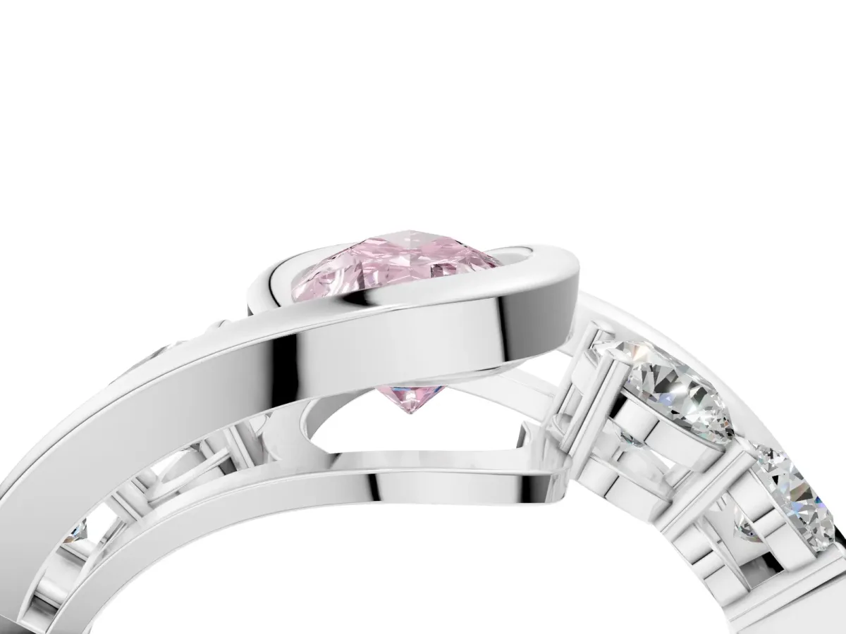 Fancy Pink Bezel Set Pear Cut Diamond Bypass Ring with Round Accents Platinum