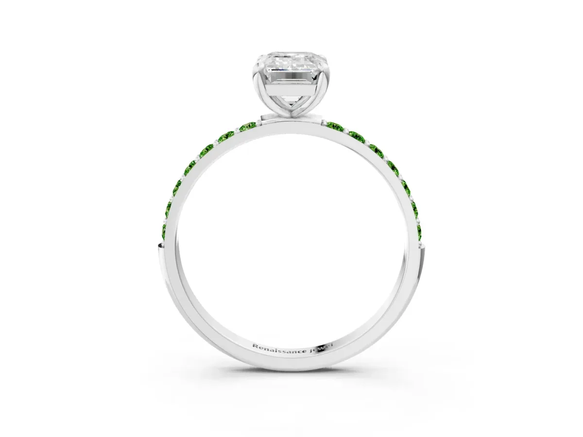 Emerald Cut Diamond Solitaire Ring with Round Peridot Pavé Band and Prong Setting Silver
