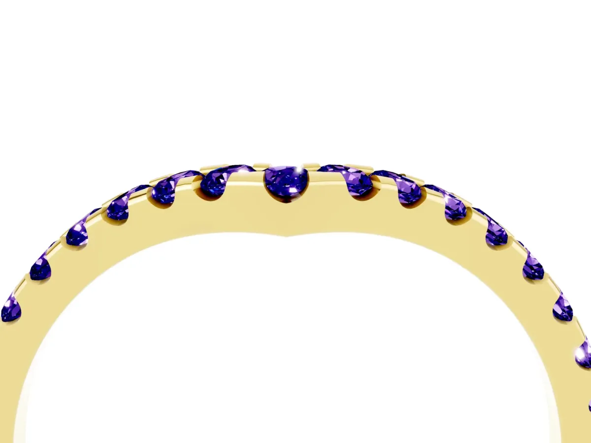 Pavé Round Tanzanite Chevron Band with Shared Prong Setting Yellow gold