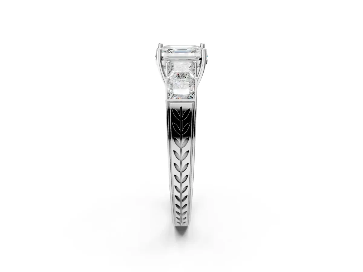 Round Cut Solitaire Princess Side Stone Engraved Band Prong Setting Ring Silver