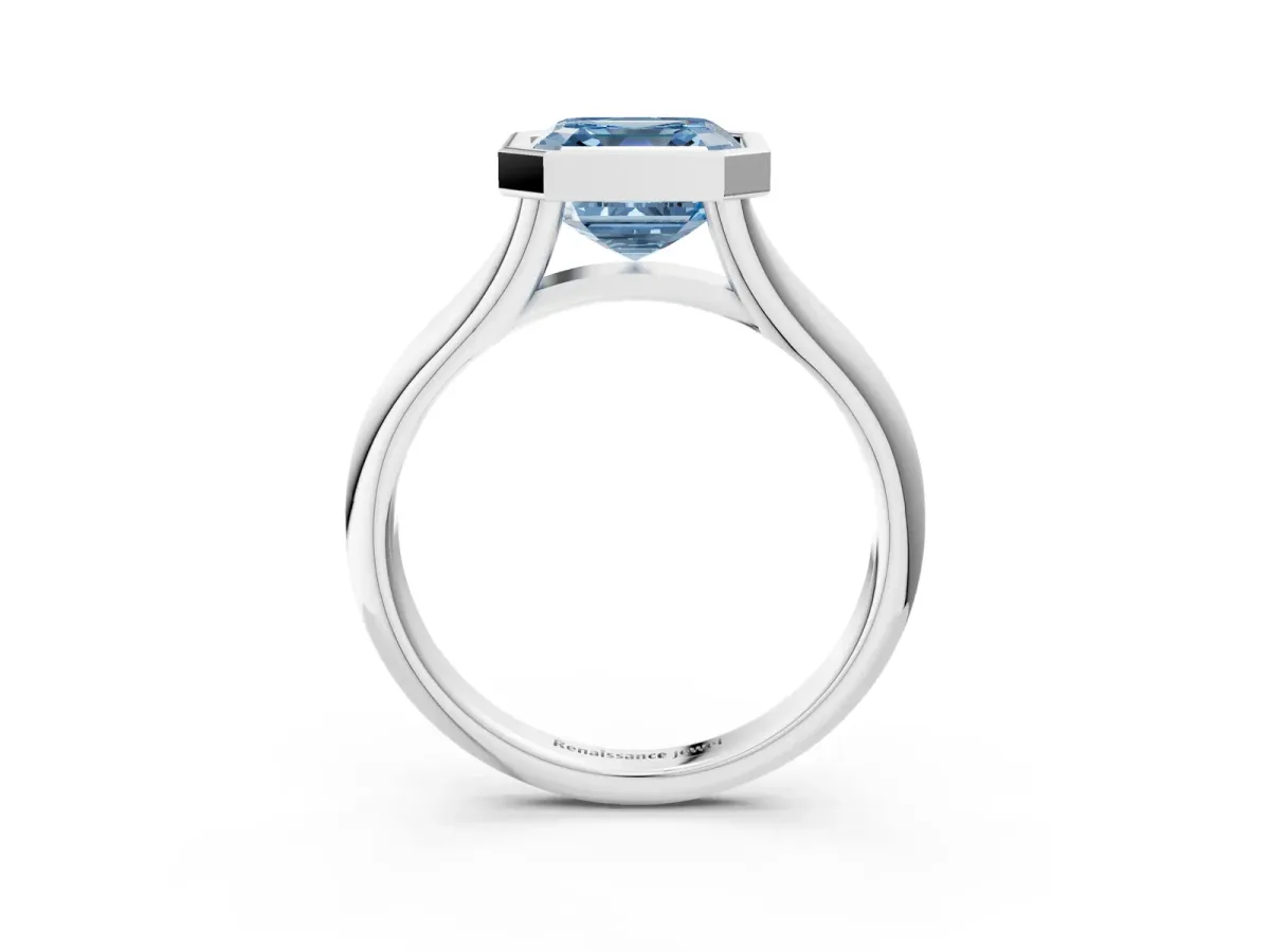 Fancy Blue Bezel Set Asscher Cut Solitaire Diamond Ring with Smooth Band Platinum